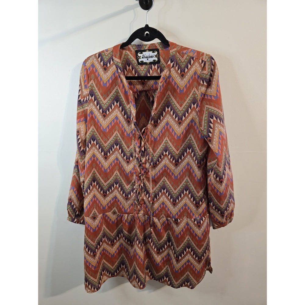 Meghan Los Angeles Dress Brown Mini V-Neck Tie Front Size M‎ Southwestern Boho